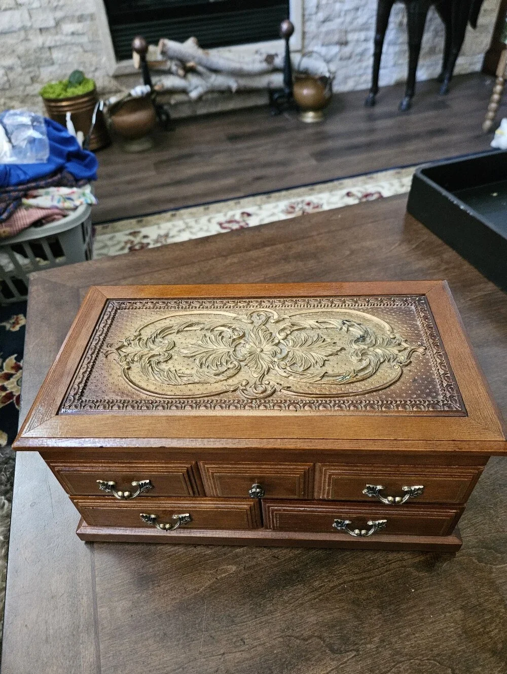 Musical Jewelry Box, Toyo Japan Oak Yellow Velvet Padding Carved Wood 1930's